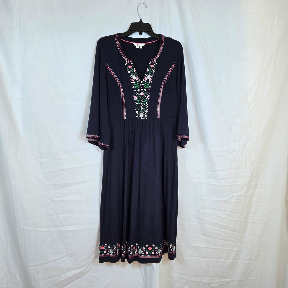 Boden Navy Midi Dress with Pink and Green Embroidery